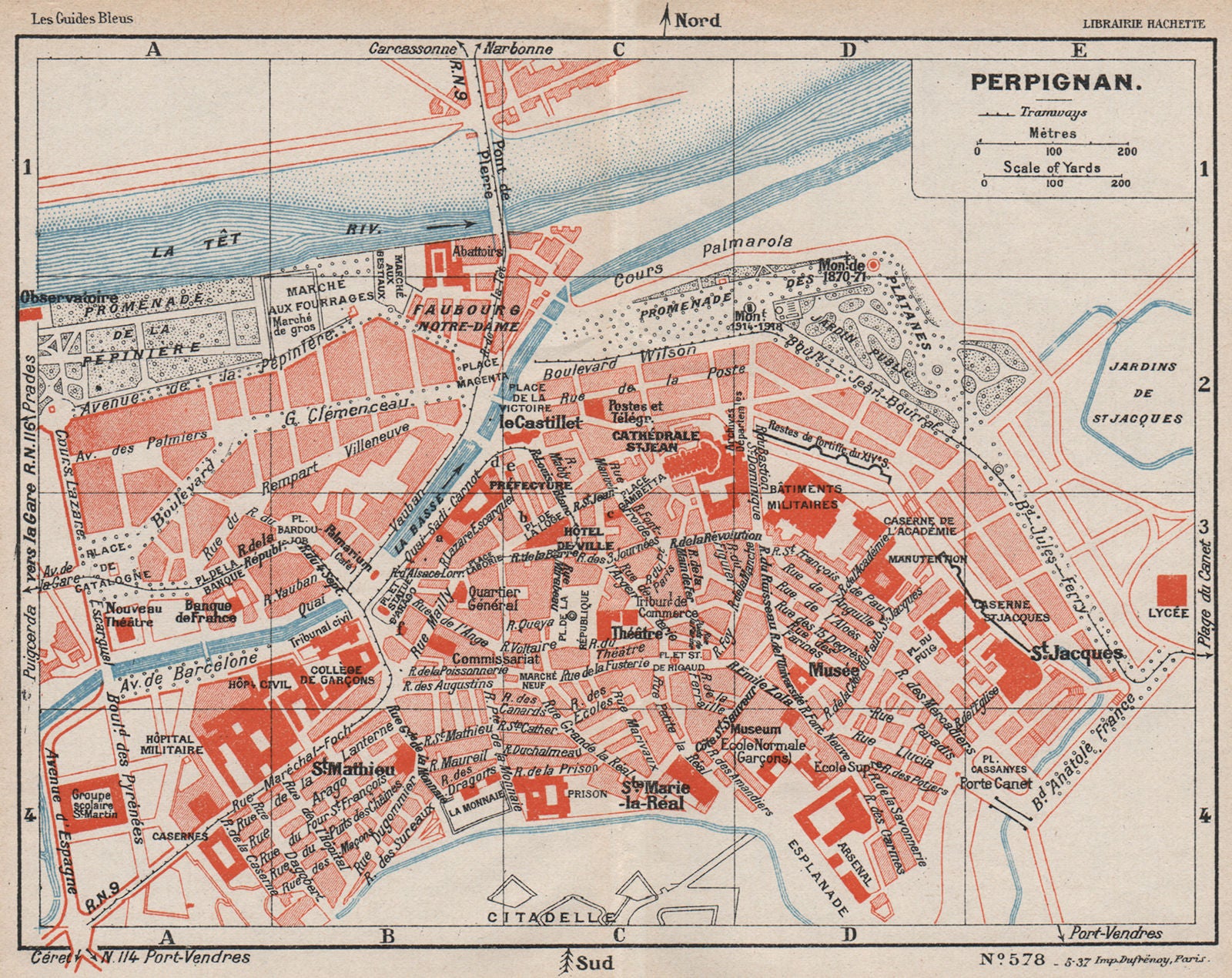 PERPIGNAN. Vintage town city map plan. Pyrénées-Orientales 1933 old